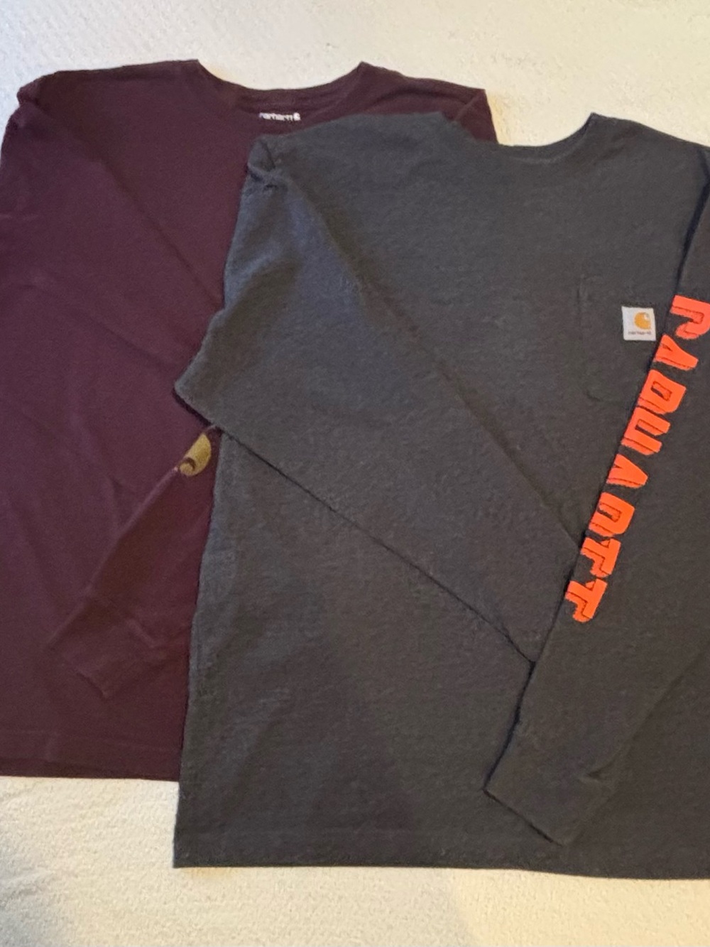 Two Carhartt Men's Long Sleeve Pocket Tee - Charcoal Gray and Maroon